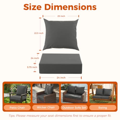 CasaRomild Deep Seat Patio Cushions Set of 4, 24x24x5.75 Inch, Waterproof Outdoor Chair Cushions, Fade Resistant Patio Furniture Cushions with Ties for Couch, Sofa, Lawn, Outside, Dark Grey by CasaRomild - Used condition - Image 5