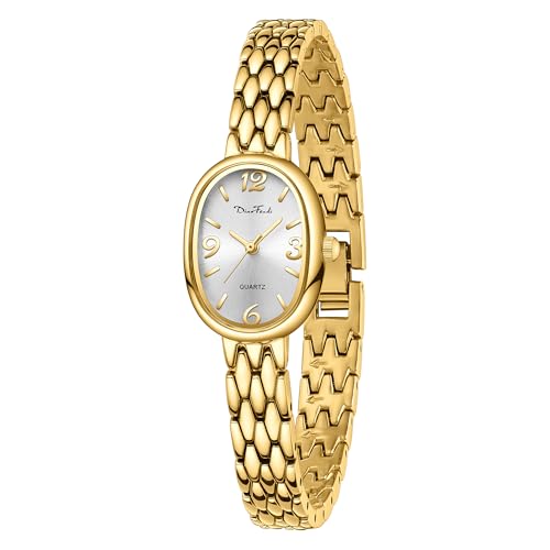 Diaofendi Petite Vintage Oval Gold Women’s Watch, Waterproof Elegant Watch with Japanese Quartz Movement, Adjustable Strap with Tool (D36322-Gold Silver)