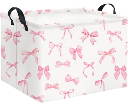 Image of Rectangle Storage Basket with Handles,Waterproof Books Bin,Gift Basket,Room Decor(Pink Bowknot)
