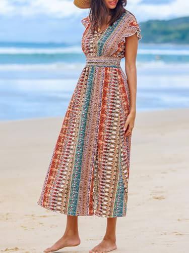 Image of CUPSHE Women's Maxi Dress V Neck Boho Multicolor Flutter Sleeve Smocked Slit A Line Summer Formal Dress