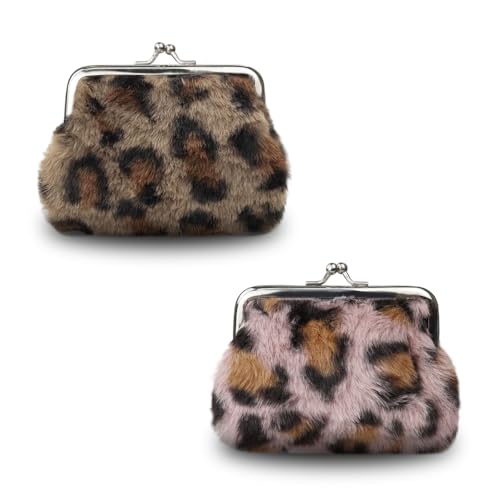FuninCrea 2 Stücke Münzbörsen, 4inches Plüsch Münzbeutel Kleingeldbörse für Frauen und Mädchen, Mini Täschchen mit Kiss Lock, Kleine Täschchen Mini Geldbeutel Täschchen mit Leopard Muster (Stil 3)