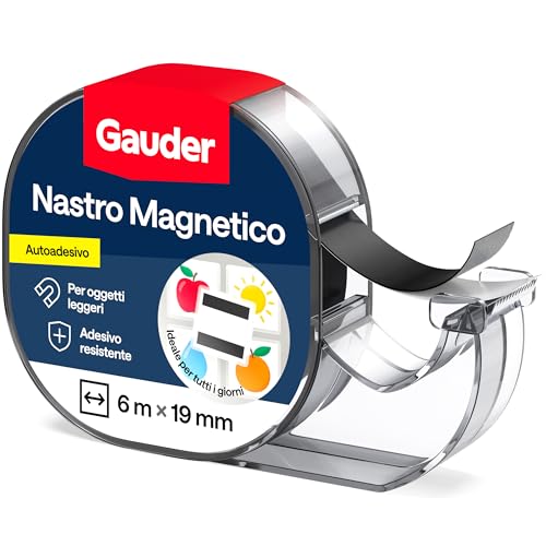 GAUDER Nastro Magnetico con Dispenser - Striscia Magnetica Autoadesiva per Oggetti Leggeri - Nastro Adesivo da Tagliare per Fissare Cartoline e Foto su Superfici Metalliche (6 m x 19 mm)