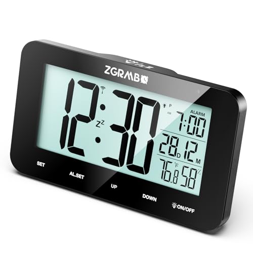 ZDAXOAH Digital Alarm Clock, Atomic Alarm Clock for Bedrooms with Indoor Temp, Humidity, Date, Alarm Time - Auto Set Atomic Clock - Auto DST, Desk Small Clock with Night Light