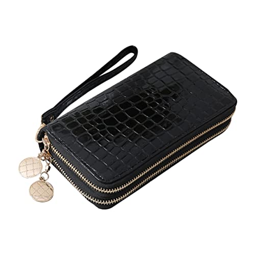 Vintage Black Patent PU Leather Long Zipper Wallet for Women Large Capacity Purse Stylish Cash and Card Holder Portable and Durable Design