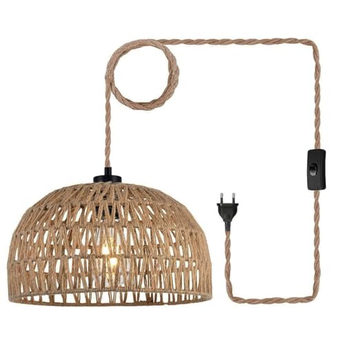 YIKEGE LICHT Boho Rattan Vintage Hängelampe Pendelleuchte mit Stecker - Seil Lampe Hängeleuchte für Steckdose - Hängend Deckenlampe Korblampen Schlafzimmer Industrielle Textilkabel E27 Lampenfassung