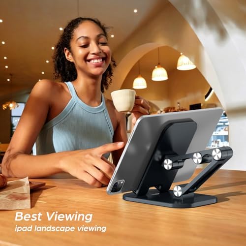 OCYCLONE Phone Stand, Foldable Cell Phone Stand Holder for Desk Office Accessories Adjustable Height and Angle iPhone Stand Compatible with 4"-13" Phones iPad Tablet - Black - 5