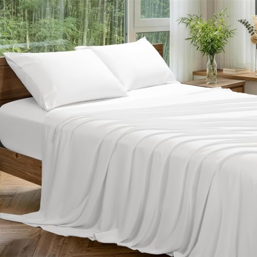 Image of 100% Organically Grown Bamboo Viscose Queen Sheet Set with Pockets on Side | Hotel Luxury Bed Sheets Set, Deep Pocket Up to 16 Inches, Ultra Soft Cooling Sheets 4pcs (White)