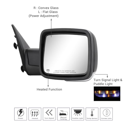 Side Mirror Compatible with Towing Mirror 2009-2018 Dodge Ram 1500 2010-2018 Dodge Ram 2500 3500 with Power Heated Turn Signal temperature sensor Manual Folding Power Adjustment One Pair