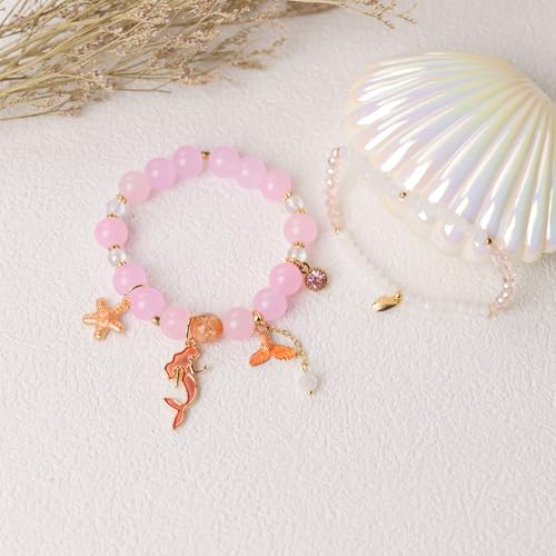 Image of LZ Emotion 2 Pcs Mermaid Bracelet Set Beaded Mermaid Charm Bracelets Starfish Summer Jewelry Mermaid Gifts Birthday Party Decoration
