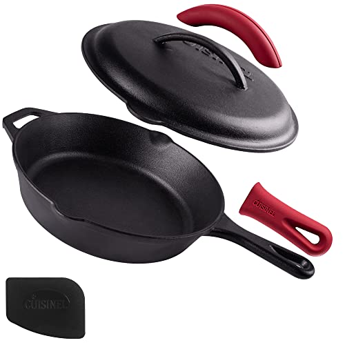 Image of Cuisinel Cast Iron Skillet with Lid - 10 inch-inch Pre-Seasoned Covered Frying Pan Set + Silicone Handle and Lid Holders + Scraper /Cleaner - Use Indoor /Outdoor, Oven, Stove, BBQ, Fire, Grill Cookware