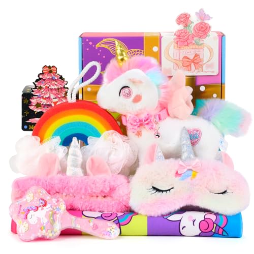 Einhorn Geschenke für Mädchen 3 4 5 6 7 8 Jahre, Spielzeug Geschenkset mit Kuscheltier, Badetuch, Stirnband, Duschschwamm, Augenklappe, Kamm Usw. Geschenk Badeset für Geburtstag, Weihnachten, Ostern