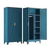 COFaR 71'' Tall Wardrobe Closet with Doors, Metal Bedroom Armoire with Adjustable Hanging Rod and Shelves, Farmhouse Broom Closet Storage Cabinet for Garage Laundry Office, Peacock Blue