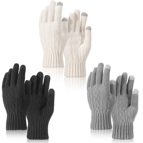 Utensilsto 3 Paar Handschuhe Damen Touchscreen Handschuhe Thermo Winterhandschuhe Wollhandschuhe Frauen Geschenk Weihnachten Schwarz, Weiß, Grau