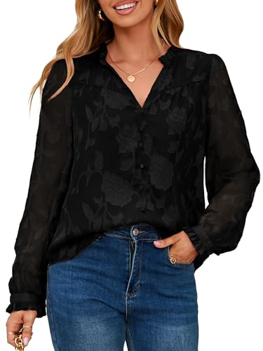 Simplee Womens Dressy Casual Blouses Long Sleeve V Neck Chiffon Burnout Shirts Loose Business Work Top Fall Outfits(Black,Medium)