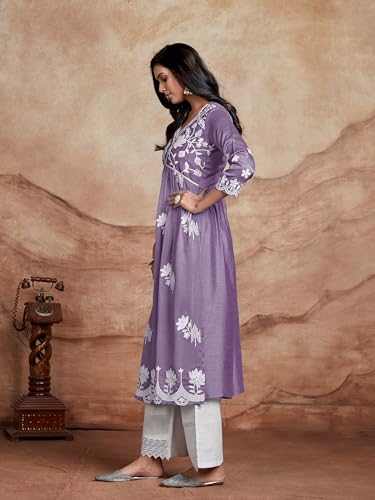 Image of EthnicJunction Women's Silk Blend Regular Fit Chikankari Embroidered Naira Cut Kurta