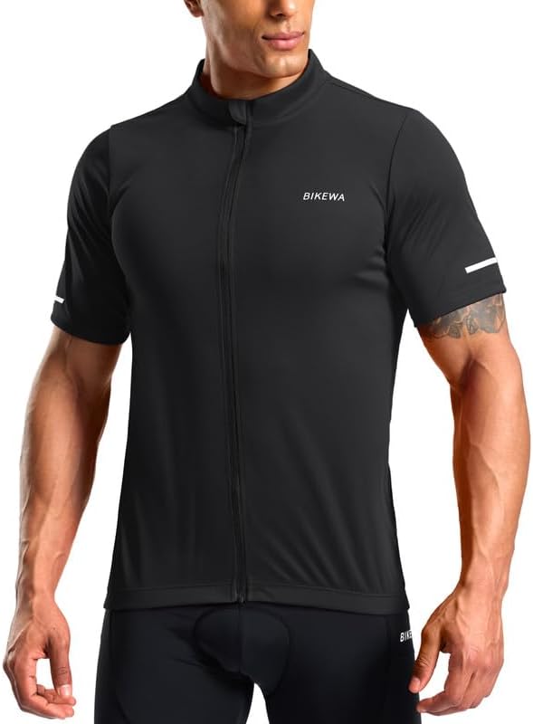 Bikewa Men's Cycling Jersey Full Zip 3+1 Rear Pockets Short Sleeve UPF 50+ Bike Shirt Moisture Wicking Biking Shirts for Men