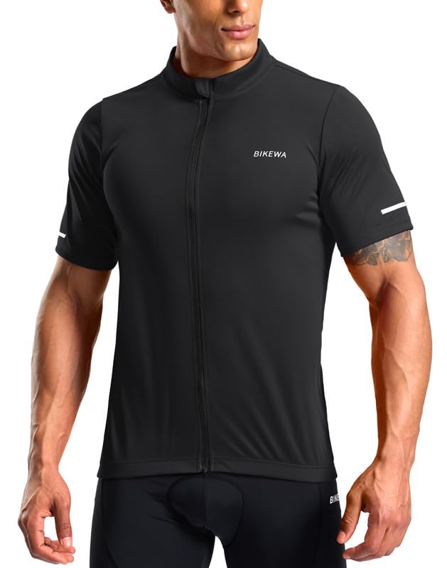 Bikewa Mens Cycling Jersey Full Zip 3+1 Rear Zipper Pockets Short Sleeve UPF50+ Bike Bicycle Riding Shirt Moisture Wicking MTB Biker Road Biking Shirts for Men(Black S)