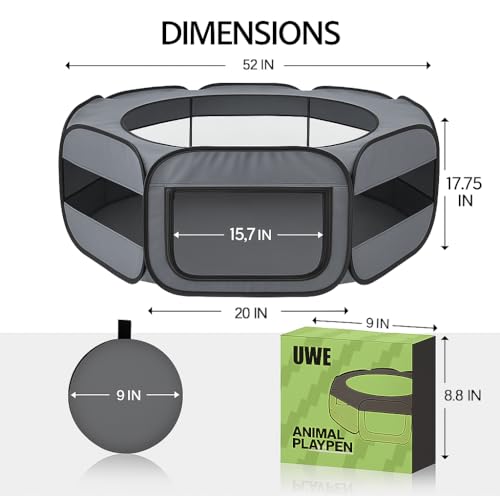 UWE Large Small Animal Playpen, XL Portable Pet Playpen for Rabbit, Kitten, Guinea Pig, Hamster, Puppy – Waterproof Foldable Mesh Tent with Zipper Cover, Indoor Outdoor Use, Dark Grey - Image 3