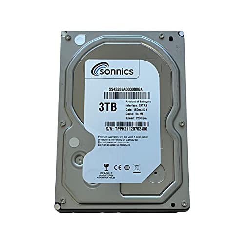 Sonnics Disco rigido SATA da 3,5 pollici, 7200 giri/min, per PC desktop, sistema di sorveglianza, telecamera CCTV DVR (3TB)