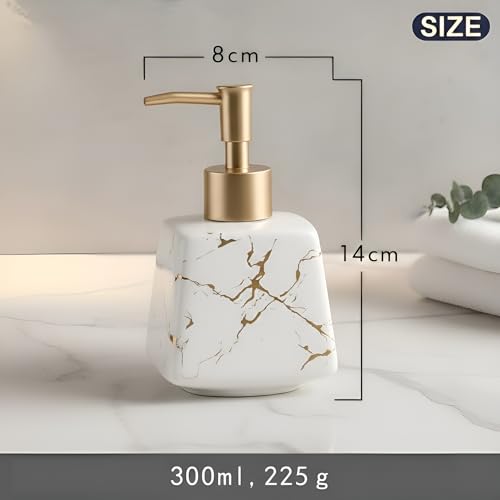 Image of Luxury Ceramic Soap Dispenser (Luxe White) - 300 ml Matte Glazed with Gold Marbling Triangular Refillable Lotion & Handwash Pump Bottle for Bathroom, Kitchen Sink & Wash Basin Decor