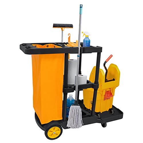 Tonchean Commercial Janitorial Cart 3 Shelf Housekeeping Cleaning Cart, Large Capacity Mop Wringer Trolley With Wheels And 25 Gallon Vinly Bag 44.5”L X 22”W X 36.6”H, Black #TOP4