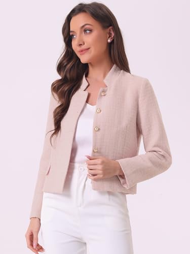 Allegra K Women's Plaid Tweed Blazer Long Sleeve Button Down Work Office Short Jacket3