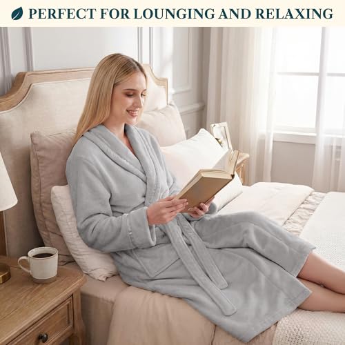 PAVILIA Womens Fleece Robe with Satin Trim, Plush Soft Long Spa Bathrobe, Cozy Shawl Collar Housecoat with Pockets (S/M, Light Grey) - Thumbnail 5