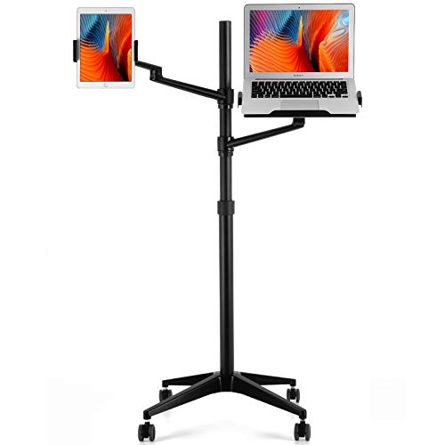 Weekly Top Sale viozon Tablet and Laptop Floor Stand, 2-in-1 Rolling Adjustable Dual arm, Compatible with 4.5~13'' Phone and Tablet Compatible with iPhone, iPad Pro, iPad, Extra Tray Fits 12 to 17'' Laptop/Notebook(B