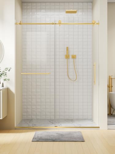 Frameless Shower Door 56-60 W x 76 H Sliding Glass Shower Door with 1/4 (6mm) SGCC Tempered Clear Glass Explosion-Proof Film Nano Coating with Anti-Rust Stainless Steel Hardware Brushed Gold