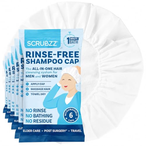 Scrubzz Shampoo Caps No Rinse for Elderly and Bedridden Patients, Rinse Free Shampoo Caps for Post Surgery and Hospital Stays, Waterless Hair Washing Shower Caps - 6 Pack