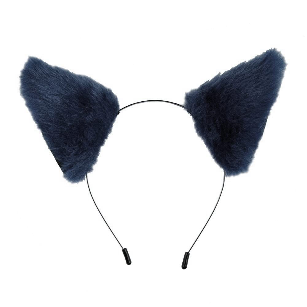 E-TING Cat Fox Long Fur Ears Hair Clip Headwear Headband Cosplay Halloween Costume Orecchiette (Dark Blue with Black Inside)