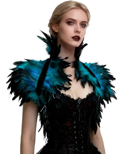 keland Gothique victorienne plume naturelle bandoulière épaule sangle fête halloween cravate bavoir (Bleu)