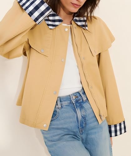 Women’s Gingham Trim Cape Jacket Lightweight Cotton Cropped Trench Coat with Snap Button and Contrast Cuffs3