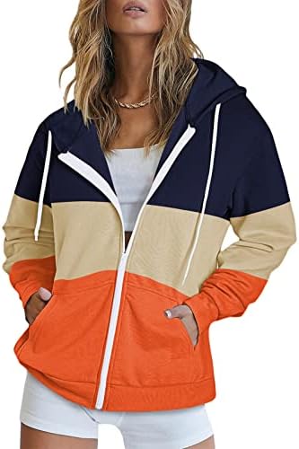Shawhuwa Hooded Sweatshirts for Women Spring Thin Lightweight Pocketed Full Zipper Colorblock Active Outwear Jackets Orange M