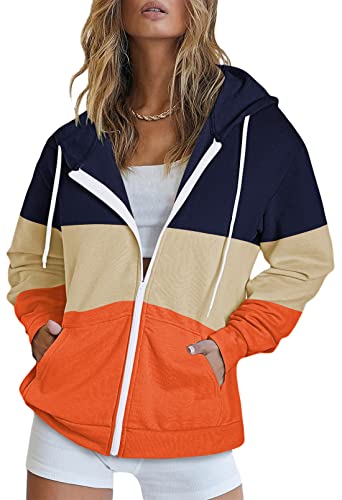 Shawhuwa Hooded Sweatshirts For Women Spring Thin Lightweight Pocketed Full Zipper Colorblock Active Outwear Jackets Orange M #TOP2