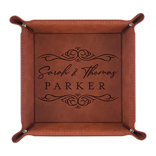 Personalized Gifts for Couples, Engraved Leather Tray w/Name, Custom Catchall Tray, Entryway Table Accessories, Faux Leather Key Tray, Housewarming Gifts, Brown, Design 9