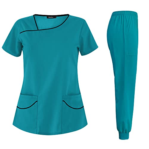 niaahinn Scrubs Sets for Women Nurse Scrub Uniform Top & Jogger Pant Work Short Sleeved Suit V-Neck Design (Lake Blue, M)