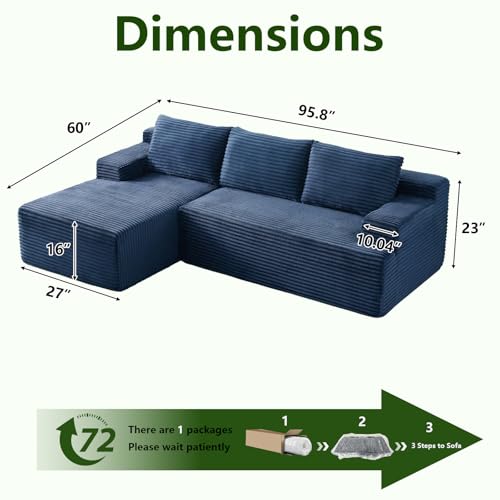 Image of 96 inch Modular Sectional Sofa, Modern Corduroy Cloud Couch, Boneless Couch Upholstered 3-Seater L-Shaped Sofa for Living Room, No Assembly Required (Blue, Left-Facing Chaise)