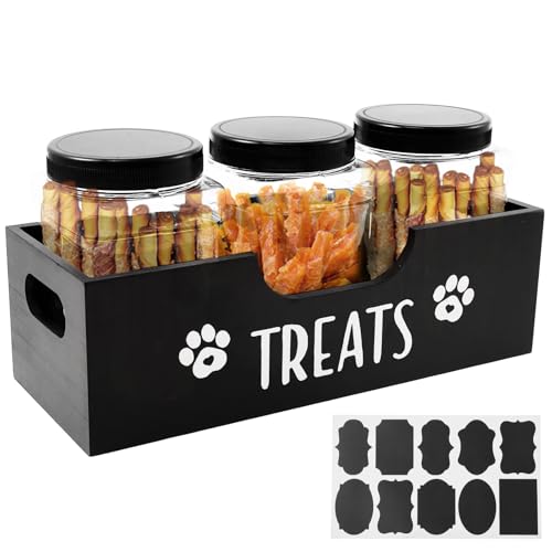 Dog Treat Container, Wood Dog Food Storage Containers with 3 Plastic Jar, Airtight Dogs Treat Jar, Pet Food Organizer for Pett Dogs and Cat