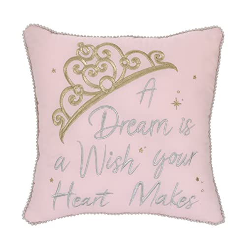 Image of Disney Princess Enchanting Dreams Pink and Gold Embroidered Crown Decorative Throw Pillow with White Pom Pom Trim