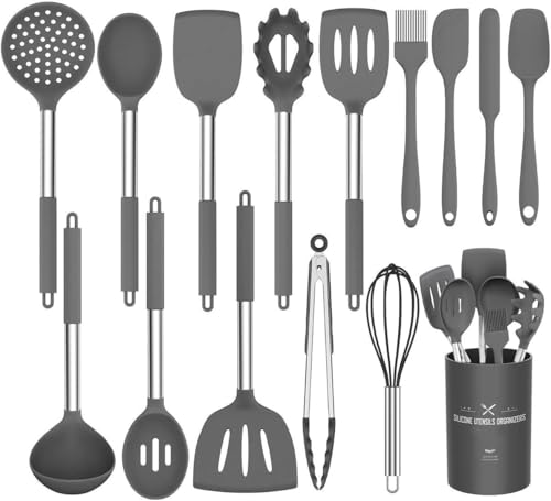 Küchenutensilien-Set, 15-teilig Silikon Küchenhelfer Set, Antihaft Hitzebeständiger Kochutensilien Kochgeschirr mit Utensilienhalter, Edelstahl Griff, Spülmaschinengeeignet (Grau)
