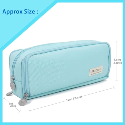 Image of MAMUNU Large Capacity Pencil Case, 3 Compartments Canvas Pencil Pouch with Zipper, Aesthetic Pencil Bag Pen Pouch for School Office Students Teen Girls Boys, Light Blue