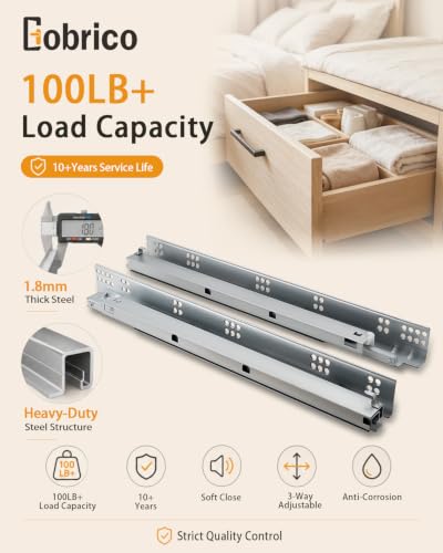 Image of Gobrico 21 inch Soft Close Under Mounting Drawer Slides, Concealed Rear /Bottom Mounted Drawer Glides Runners, Locking Device Mounting Screws Included, 12Pair Contractor Pack