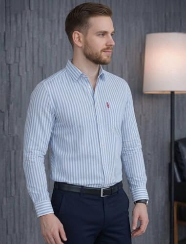 Image of MILDIN Men's Pure Cotton Striped Printed Shirt with Spread Collared Neck Full Sleeve Curved Hemline Button Closure and Regular Fit | Shirt for Man