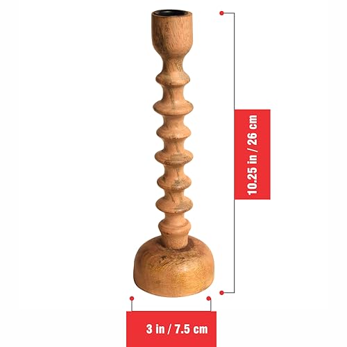 Image of Pure Source India Wooden Candle Holder for Taper Candles, Natural Mango Wood Vintage Style 26cm Tall Candle Stand for Fireplace Dining Table Centrepiece, Decorative Item for Home