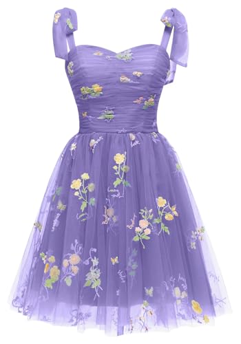 Short Homecoming Dresses for Teens Flower Embroidery Tulle Spaghetti Strap Knee Length Daisy Floral Prom Dresses