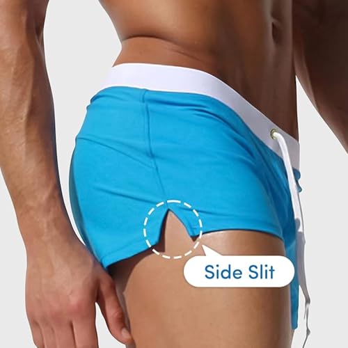 Solid Low Rise Drawstring Men's Swim Trunks - High Stretch Slim Fit Beach Shorts with Back Zipper Pockets3