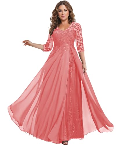 Image of HANVAIOS Sparkly Mother of The Bride Dresses for Women Long Chiffon 3 /4 Sleeve Lace Appliques Formal Gown