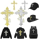 Large Cross Iron On Patches for Jackets, 4 Pcs Cool Gold Silver Christian Embroidered Patch for Sweatshirt, Sew on Religious Faith Applique Heat Press for Hats/Backpacks/Hoodie/Clothes DIY Decoration