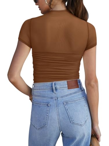 Image of REORIA Women's Sexy Mock Turtle Neck Short Sleeve Shirts Sheer Mesh Ruched Trendy Going Out Bodysuits Tops